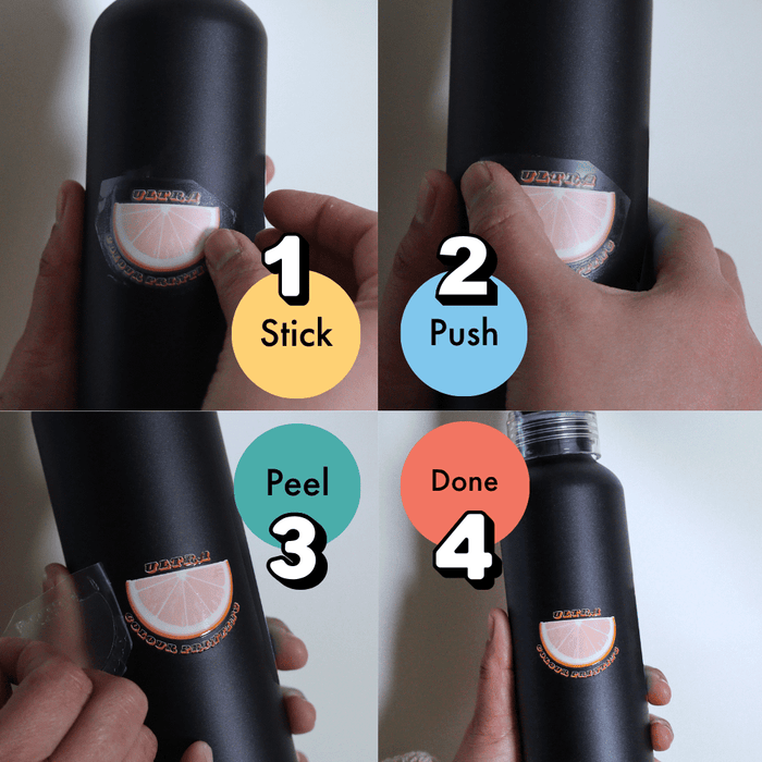 Ultra Colour Decal Sheets - A black drink bottle with a colourful decal being applied, demonstrating four steps of the application process.