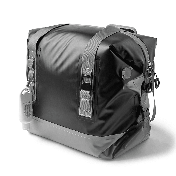 Premium 17L Foldable Cooler - A foldable cooler bag featuring a sleek black and grey design with zippers and straps. It includes a side bottle holder.