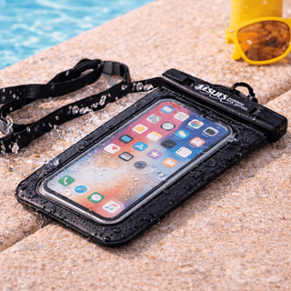 Waterproof Phone Pouch - A waterproof phone pouch in black, featuring a clear front, resting on a poolside with water droplets and sunglasses nearby.