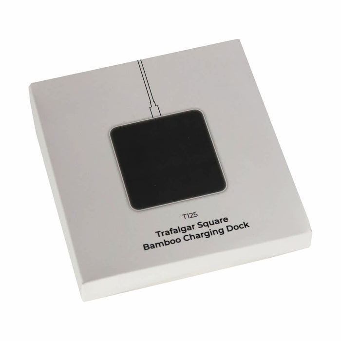 Trafalgar Bamboo charging dock - A square bamboo charging dock in a sleek black design, packaged in a white box with a minimalist style.