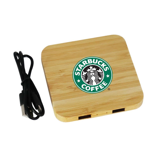 Trafalgar Bamboo charging dock - A bamboo wireless charging dock in a square shape, featuring a logo and a connected black charging cable.
