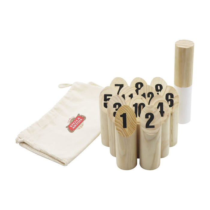 Skittle Throw - A set of wooden skittles numbered 1 to 10, with a white throwing stick and a storage bag.