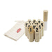 Skittle Throw - A set of wooden skittles numbered 1 to 10, with a white throwing stick and a storage bag.