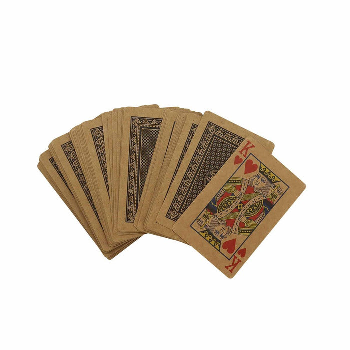 Eco Playing Cards - A set of eco-friendly playing cards in brown, featuring a design on the back and a King of Hearts face card.