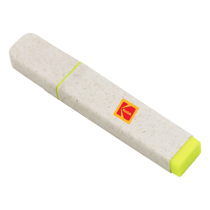 Eco Highlighter - An eco-friendly highlighter in a speckled beige case with a bright yellow tip and a branding logo.