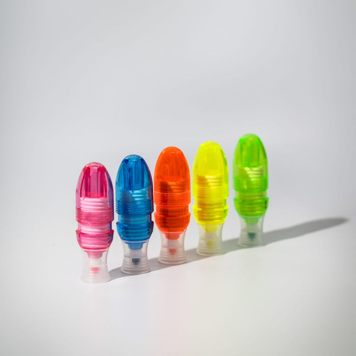 Mackie Highlighter Sets - A set of five highlighters in bright colours: pink, orange, yellow, and green, with a clear branding logo.