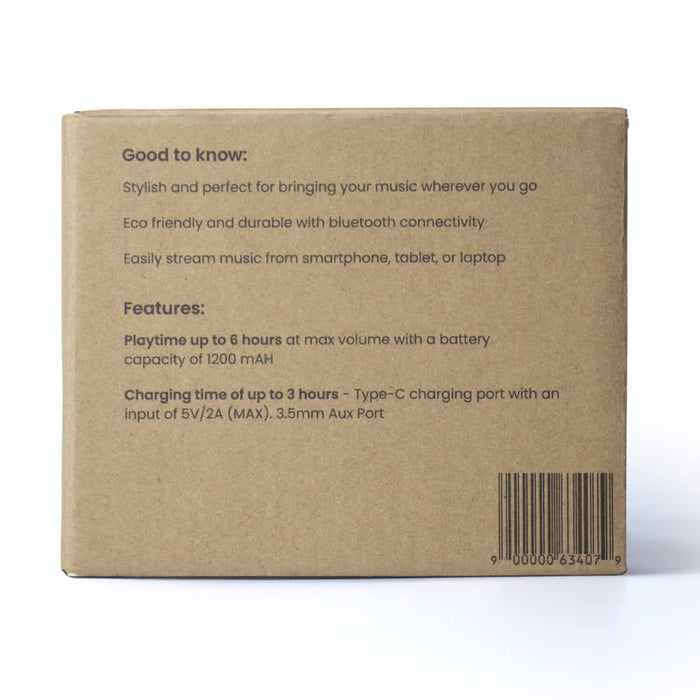 Boomer Bamboo Wireless Speaker - A brown box containing the Boomer Bamboo Wireless Speaker with features and specifications listed on the back.
