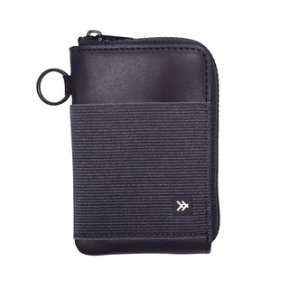 Thread Zipper Wallet - A black and grey zippered wallet with a textured surface and a ring attachment, featuring a logo on the front.