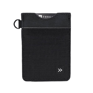 Thread Vertical Wallet - A vertical wallet in black with a textured surface and a logo, featuring a top slot for cards.