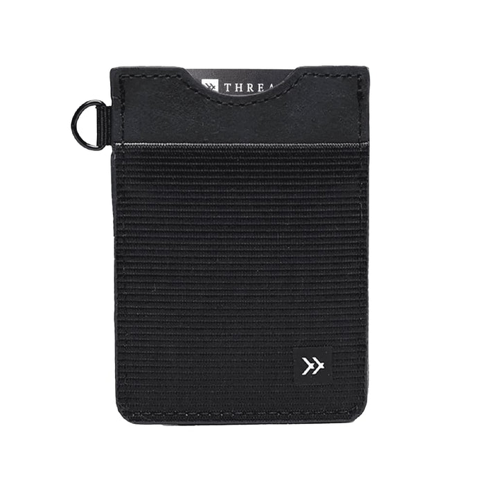 Thread Vertical Wallet - A vertical wallet in black with a textured surface and a logo, featuring a top slot for cards.