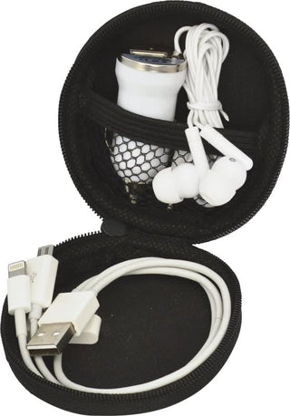 Spirit Techno Kit - A black zippered case containing white earphones, a USB cable, and a charger.