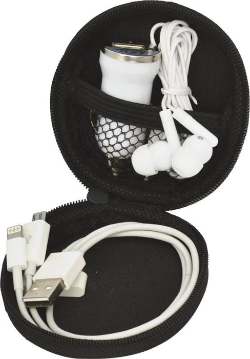 Spirit Techno Kit - A black zippered case containing white earphones, a USB cable, and a charger.
