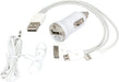 Spirit Techno Kit - A white car charger with a USB port, a pair of white earbuds, and a charging cable with multiple connectors.