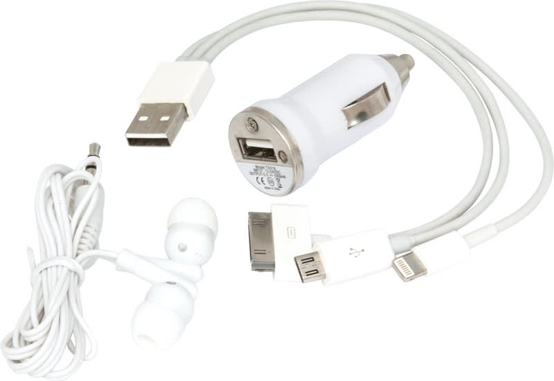Spirit Techno Kit - A white car charger with a USB port, a pair of white earbuds, and a charging cable with multiple connectors.
