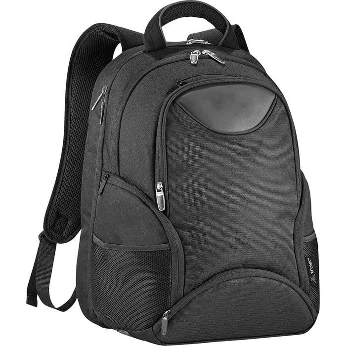 Trekk 2.0 15" Computer Backpack35L - A sleek black laptop backpack with multiple pockets, zippers, and a padded back for comfort. Includes a logo detail.
