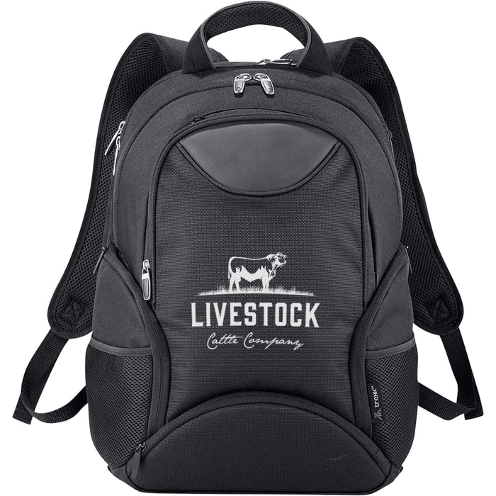 Trekk 2.0 15" Computer Backpack35L - A black laptop backpack with multiple compartments and a logo. Features padded straps and mesh side pockets.