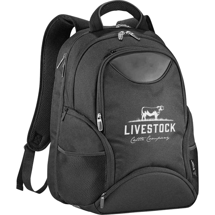 Trekk 2.0 15" Computer Backpack35L - A black laptop backpack with multiple pockets and a branding logo. Features padded straps for comfort.