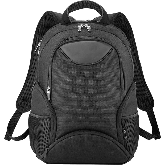 Trekk 2.0 15" Computer Backpack35L - A black backpack with multiple zippered compartments and padded shoulder straps, featuring a logo on the front.