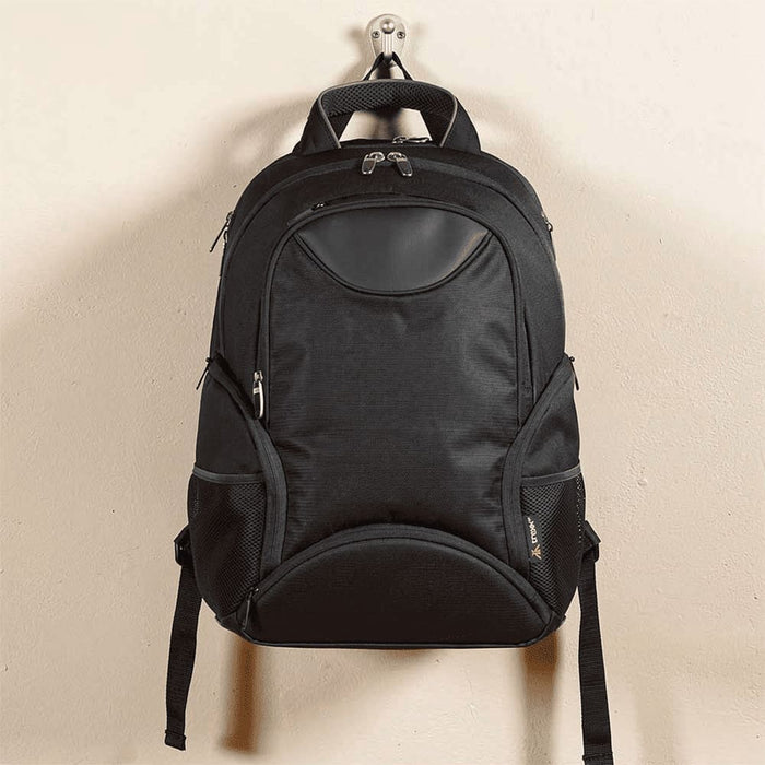 Trekk 2.0 15" Computer Backpack35L - A black 15" computer backpack with multiple compartments and a logo. Features padded straps for comfort.
