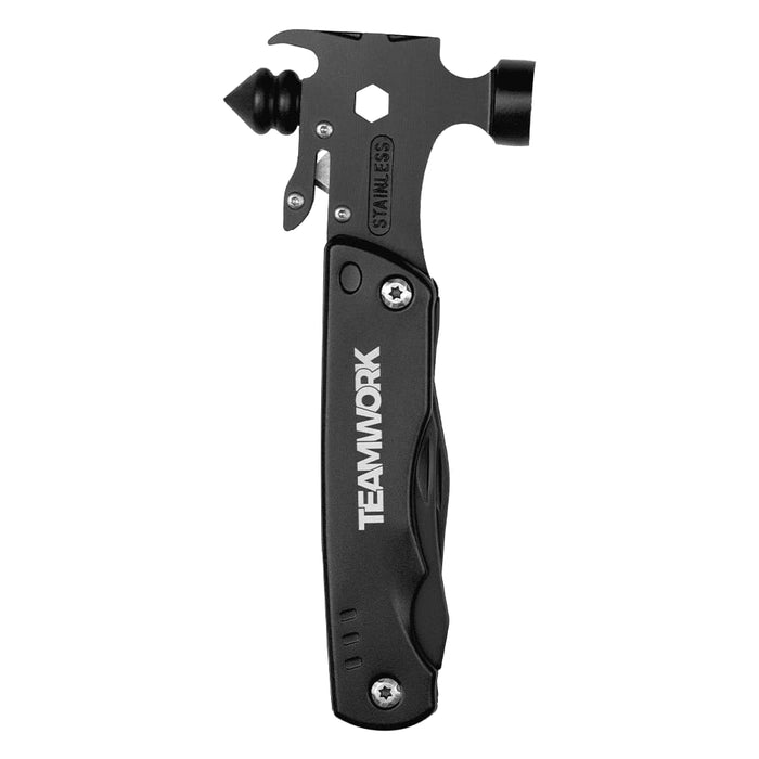Trekk Survival Hammer & Multi-Tool - A black multi-tool featuring a hammer, various tools, and a hexagon socket, with a logo present.