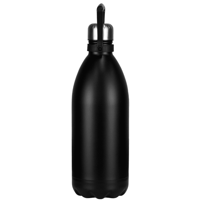 Trekk Cove 1.5 L Vacuum Insulated Stainless Steel Bottle - A drink bottle in matte black stainless steel with a silver top and a handle, featuring a logo.