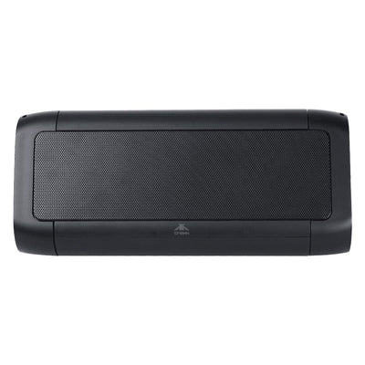 Trekk Outdoor Speaker & Wireless Powerbank - A black outdoor speaker and wireless power bank with a textured front surface and rounded edges. It features a logo.