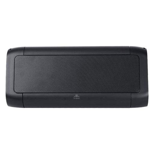 Trekk Outdoor Speaker & Wireless Powerbank - A black outdoor speaker and wireless power bank with a textured front surface and rounded edges. It features a logo.