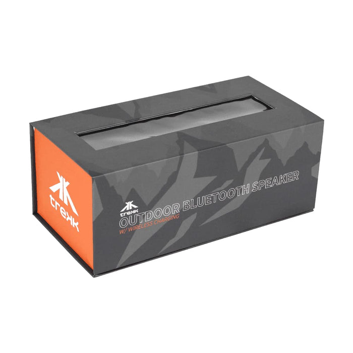 Trekk Outdoor Speaker & Wireless Powerbank - A black and orange box featuring a wireless outdoor Bluetooth speaker, decorated with a mountain pattern and a logo.