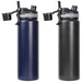 Trekk Chug or Sip Double Wall Bottle - 800ml - A drink bottle in navy blue and dark grey, featuring a dual-function top and a logo. Double wall design, 800ml capacity.
