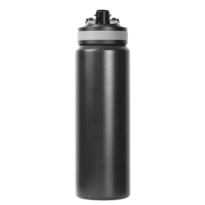 Trekk Chug or Sip Double Wall Bottle - 800ml - A drink bottle in black with a silver lid and a logo on its surface. It has a double wall design and holds 800ml.