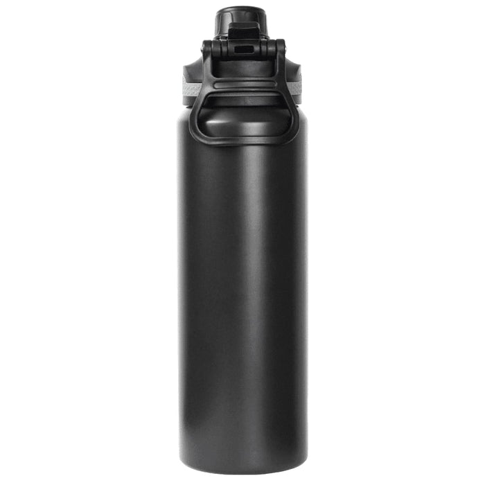 Trekk Chug or Sip Double Wall Bottle - 800ml - A drink bottle in matte black finish, featuring a flip-top lid and a logo on the side. Holds 800ml.