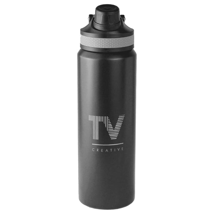 Trekk Chug or Sip Double Wall Bottle - 800ml - A drink bottle in matte black with a silver lid and a logo on the front. It has a double wall design and holds 800ml.