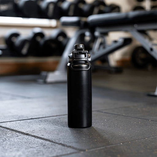 Trekk Chug or Sip Double Wall Bottle - 800ml - A drink bottle with a sleek black design, featuring a double wall and a secure lid. It has a logo on the side.
