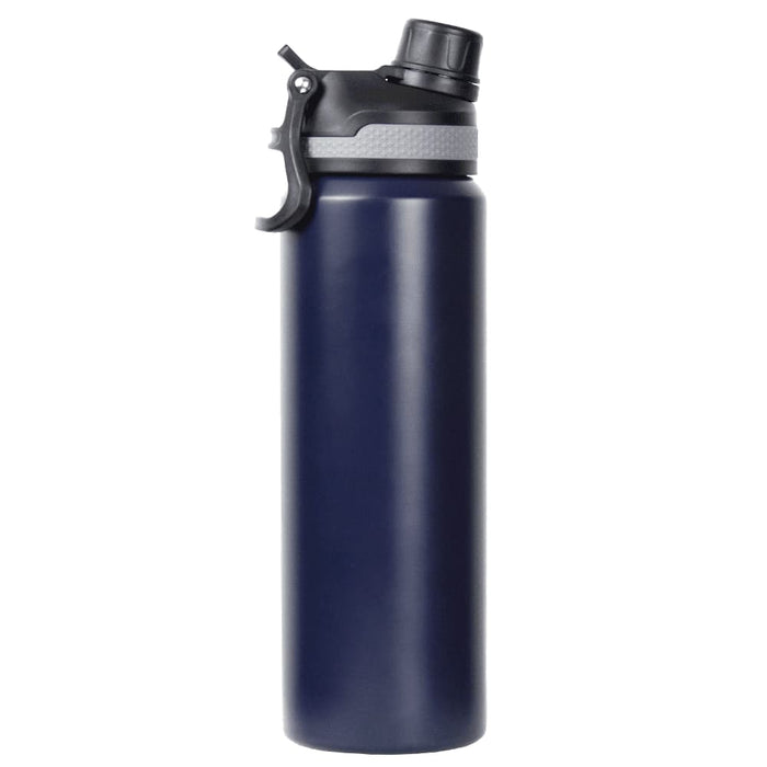 Trekk Chug or Sip Double Wall Bottle - 800ml - A drink bottle in navy blue with a black lid and a grey grip, featuring a logo on the side.