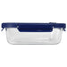 Trekk Crib Glass Lunch Box - A glass lunch box with a transparent body and a navy blue lid, featuring a secure locking mechanism.