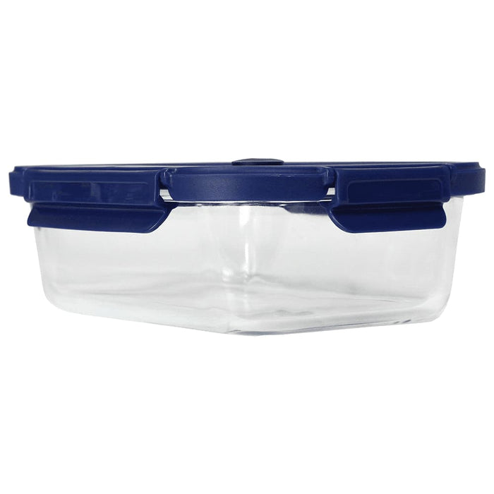 Trekk Crib Glass Lunch Box - A clear glass lunch box with a navy blue clip-on lid, featuring a sleek square design.