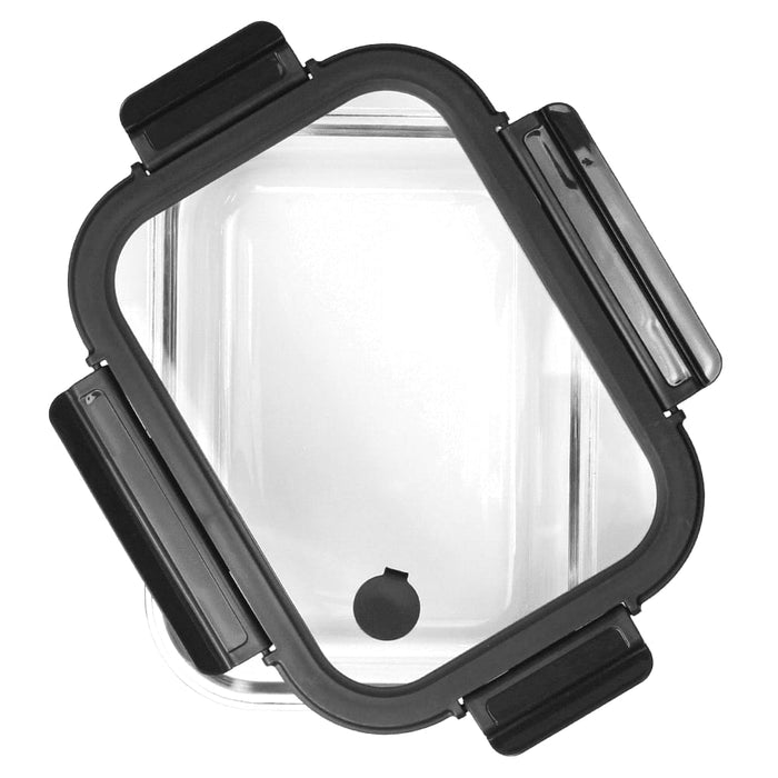 Trekk Crib Glass Lunch Box - A glass lunch box with a black lid and clips, featuring a square design and a silicone seal.