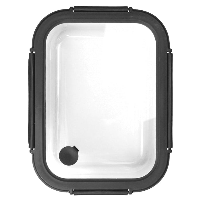 Trekk Crib Glass Lunch Box - A rectangular glass lunch box with a clear body and black silicone seal. It features a small vent on the side and has a logo.