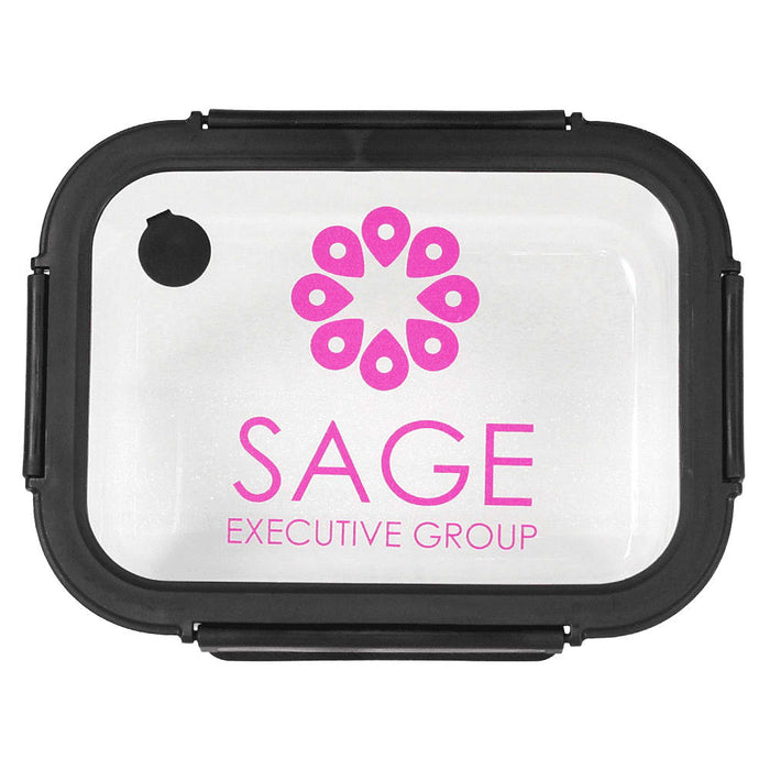 Trekk Crib Glass Lunch Box - A glass lunch box with a black lid, featuring a pink logo and a clear container.