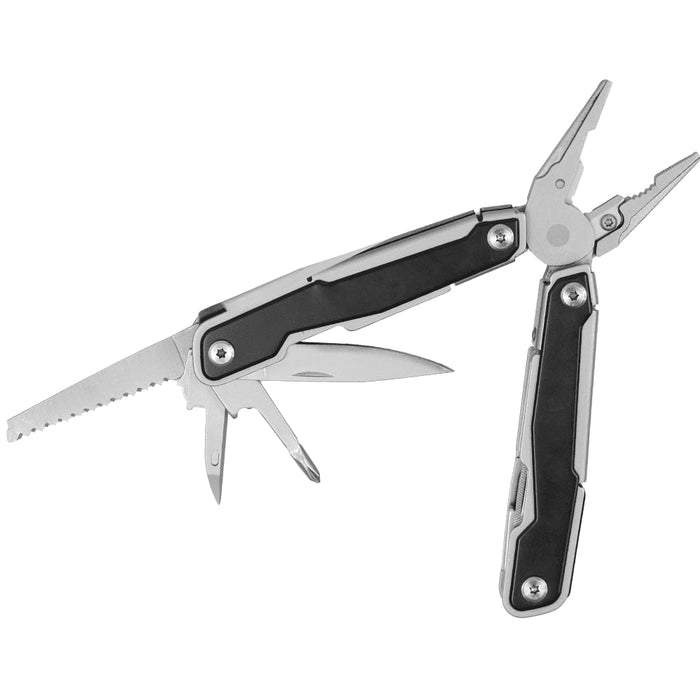 Trekk Multifunction Tool - A multifunction tool featuring silver metal and black grips, with pliers, a saw, and various blades.