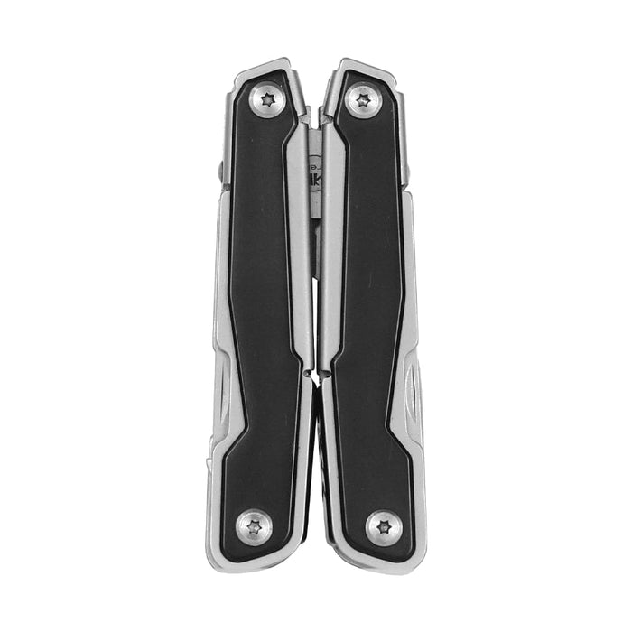 Trekk Multifunction Tool - A silver and black multifunction tool featuring multiple tools in a compact, foldable design and a logo.