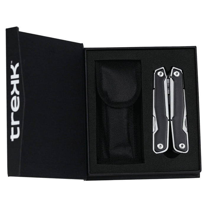 Trekk Multifunction Tool - A multifunction tool in a black box, featuring a silver and black design, accompanied by a protective pouch.