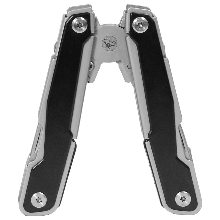 Trekk Multifunction Tool - A multifunction tool with a silver and black design, featuring multiple folding components and a central pivot.