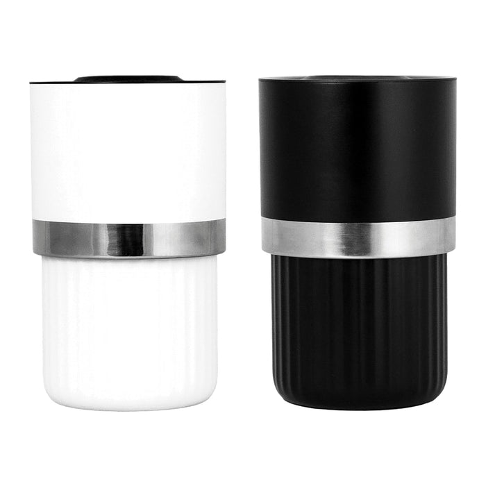 Trekk Insulated Adjustable Wine Cooler - A drink bottle set featuring a white insulated wine cooler and a black insulated wine cooler with a silver band.