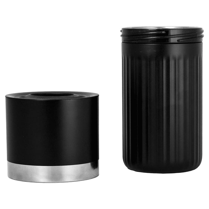 Trekk Insulated Adjustable Wine Cooler - A black insulated wine cooler with a metal base, featuring an adjustable top section. Includes a logo.