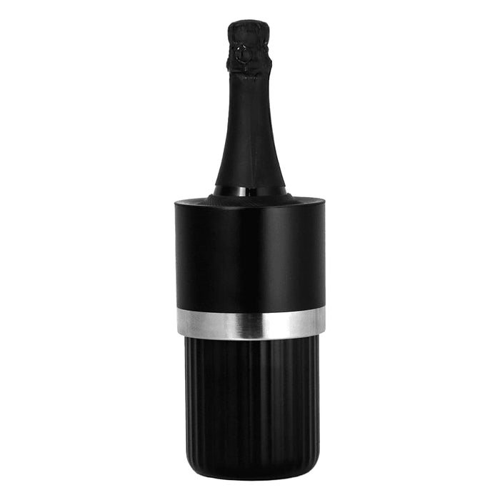 Trekk Insulated Adjustable Wine Cooler - An insulated adjustable wine cooler in black and silver, designed to hold a wine bottle securely.