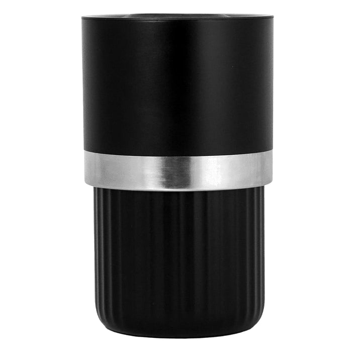 Trekk Insulated Adjustable Wine Cooler - A drink bottle in black with a silver band, featuring a ribbed base and a sleek design, also has a logo.