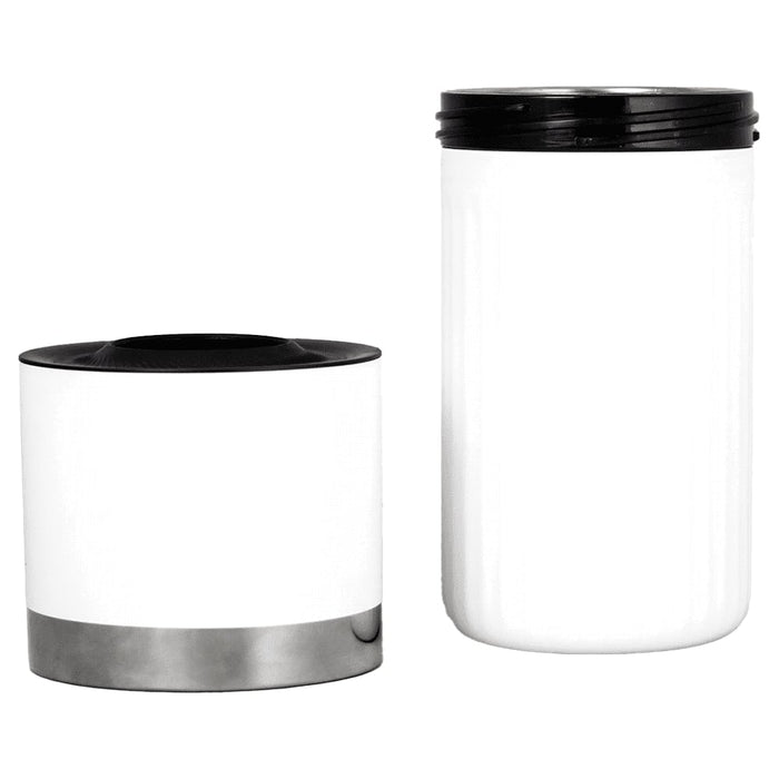 Trekk Insulated Adjustable Wine Cooler - A insulated adjustable wine cooler in white with a black lid, featuring a stainless steel base. It has a logo.