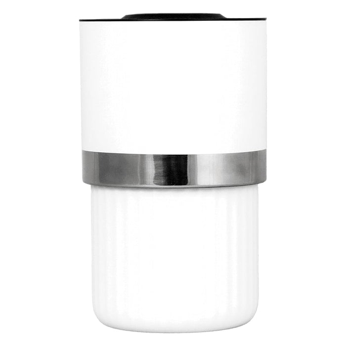 Trekk Insulated Adjustable Wine Cooler - A wine cooler with an insulated white body and a stainless steel band. It features a sleek, modern design.