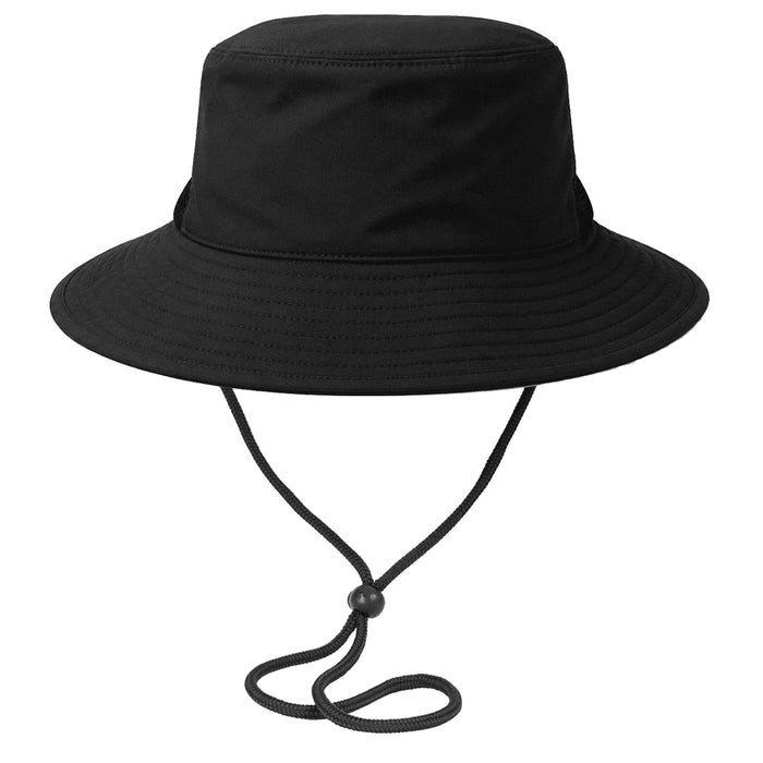Trekk Recycled Surf Hat - A black recycled surf hat featuring a wide brim and an adjustable chin strap. It has a logo on the side.
